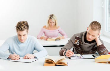 Group of teenage students studying at the lesson in the classroom