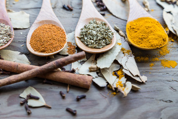 Spices in spoons on wooden table