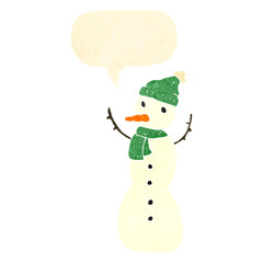 retro cartoon snowman with speech bubble