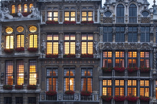 Grand Place building facade at dusk, Brussels, Belgium