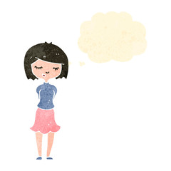 retro cartoon shy girl with thought bubble