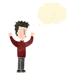 retro cartoon man holding up hands