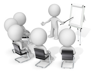 Workshop. Dude the Business people X 6 at meeting. Looking at blank flip chart. Copy space.