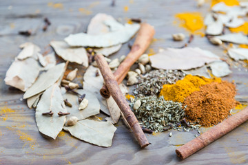Spices on wooden table