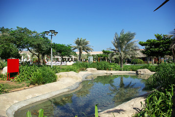 Obraz premium Resorts Fujairah. UAE. Coast of the Indian Ocean. Hotels and recreation areas on the shores of the Indian Ocean. Beautiful landscaping. Ponds with clear water.