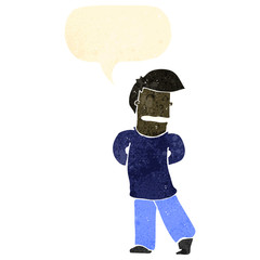 retro cartoon shy man with speech bubbl