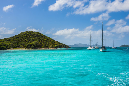 Sailing boats anchoring in the Tobago Cays, The Grenadines, St. Vincent and the Grenadines, Windward Islands