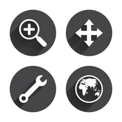 Magnifier glass and globe signs. Fullscreen.