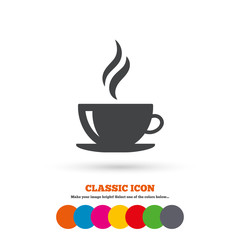 Coffee cup sign icon. Hot coffee button.