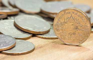 Coins of Thailand. Wat Benchamabophit or the Marble Temple in Bangkok, Thailand, depicted in the Thai five baht coin.