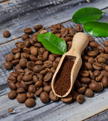 Ground coffee and coffee beans