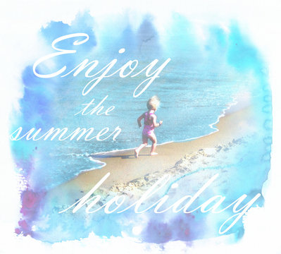 Illustration of summertime sunny landscape with inscription enjoy the summer holidays and silhouette of happy child, who running and rejoice at the beach.