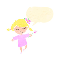 retro cartoon happy blond girl with flower
