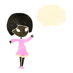 retro cartoon waving girl with thought bubble