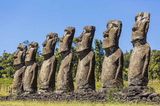 Seven Moai at Ahu Akivi, the first restored altar on Easter Island (Isla de Pascua) (Rapa Nui), Chile