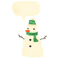 retro cartoon snowman with speech bubble