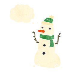 retro cartoon snowman with thought bubble