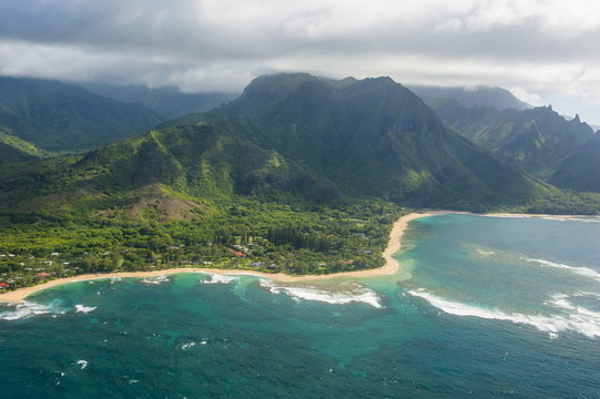 Aerial of the north shore of the island of Kauai, Hawaii