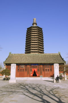 A pagoda and temple building at Tianningsi temple, Beijing, China