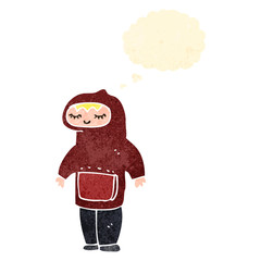 retro cartoon boy in a hooded top with thought bubble