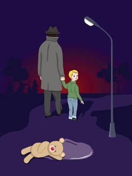 Missing Child. Little boy and a stranger in a dark street
