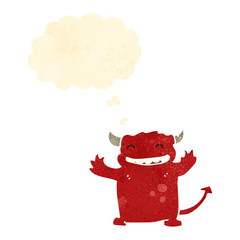 retro cartoon little devil with thought bubble