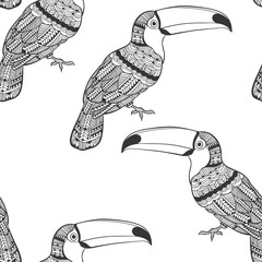 Seamless pattern with toucans. Black and white doodle background © maritime_m