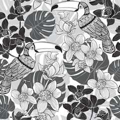 Tropical seamless pattern. Monochrome vector background.