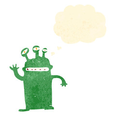 retro cartoon alien with thought bubble
