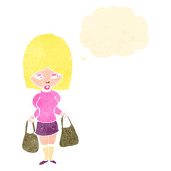 retro cartoon shopping woman with thought bubble