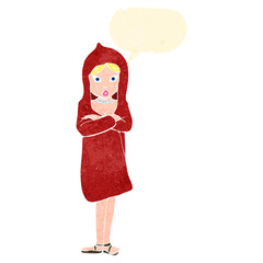 retro cartoon woman in red hooded coat