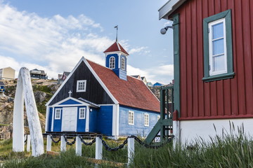 Whale jawbone archway to church in Sisimiut, Greenland