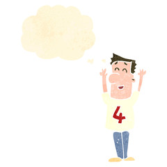 retro cartoon man in number four shirt with thought bubble
