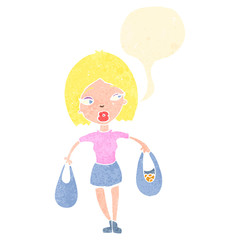 retro cartoon woman with shopping bags and speech bubble