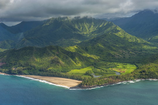Aerial of the north shore of the island of Kauai, Hawaii