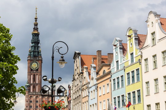 The Long Market, Dlugi Targ, with town hall clock, Gdansk, Poland