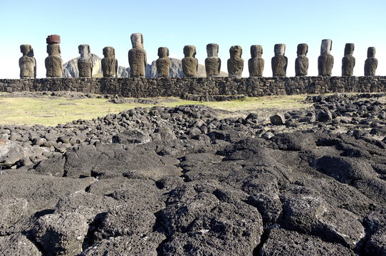 Ahu Tongariki where 15 moai statues stand with their backs to the ocean, Easter Island, Chile