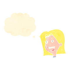 retro cartoon happy blond woman with thought bubble