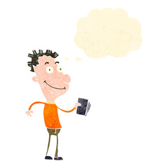 retro cartoon boy with notebook and thought bubble