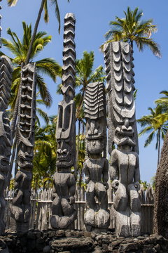 Wooden statues in the Puuhonua o Honaunau National Historical Park, Big Island, Hawaii