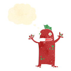 retro cartoon happy swamp monster with thought bubble