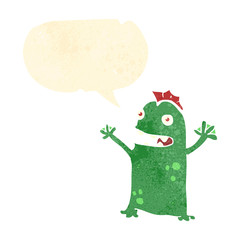 retro cartoon happy swamp monster with speech bubble