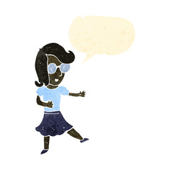 retro cartoon woman with spectacles and speeech bubble