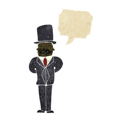 retro cartoon man in suit and top hat with speech bubble