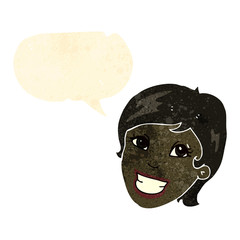 retro cartoon grinning advert girl with speech bubble