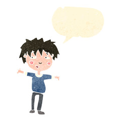 retro cartoon friendly boy with speech bubble