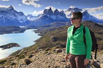 Hiker at Condor Vista Point, Lago Pehoe and the Cordillera del Paine, Torres del Paine National Park, Patagonia, Chile