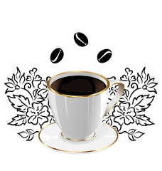 Cup of coffee isolated with floral design elements and coffee be