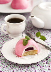 Bush black currant cake with creamy mousse.