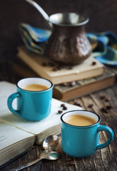 Cup of coffee on wooden table. Coffee Espresso